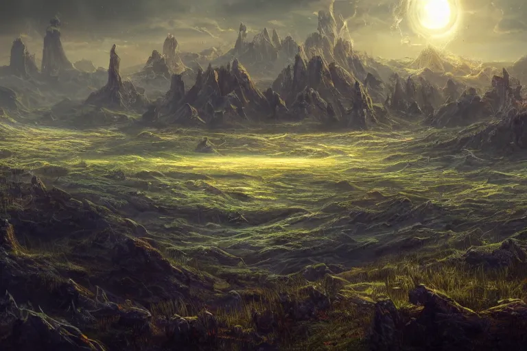 Image similar to Aesthetic transhumanist fantasy landscape painting of artificial life forms ending the world as we know it, singularity, 8k, trending on cgsociety artstation, masterpiece, highly detailed, establishing shot, in a symbolic and meaningful style.