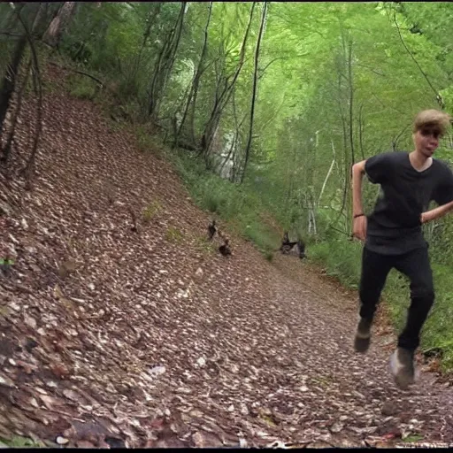 Prompt: justin bieber chasing you in a forest, trailcam footage