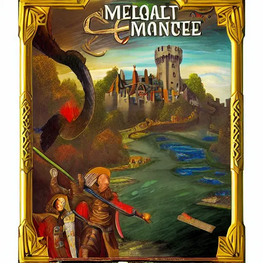 Prompt: a medieval castle michael menzel board game art