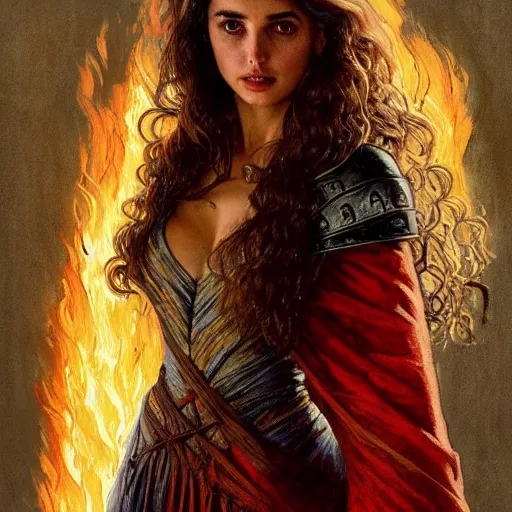 Image similar to half length portrait of ana de armas as a sorcerer using fire magic, d & d, medieval, fantasy, royo, klimt, miro, vallejo, frazetta, alphonse mucha, greg rutkowski, whealan