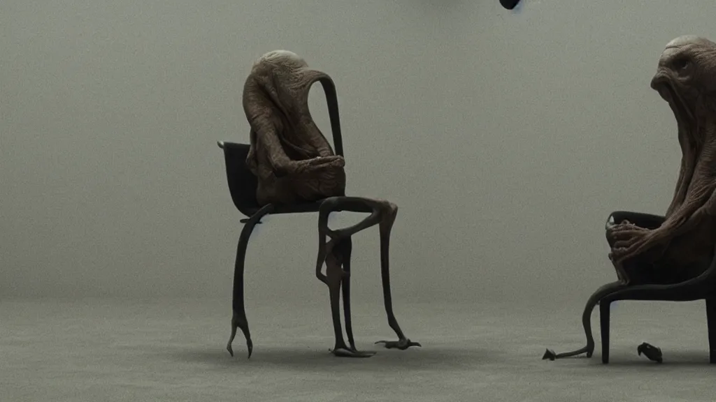 Prompt: a strange creature sits in a chair, film still from the movie directed by Denis Villeneuve with art direction by Zdzisław Beksiński, wide lens