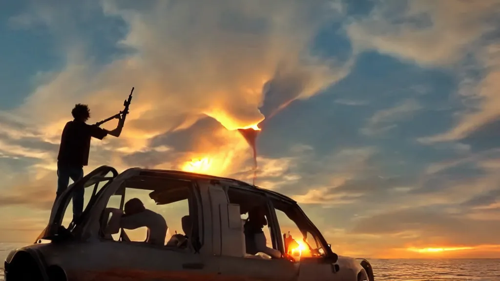 Image similar to a movie still of a man holding a rocket launcher, standing on the roof of a car driving through the ocean at sunset, golden hour, watching a mushroom cloud on the horizon