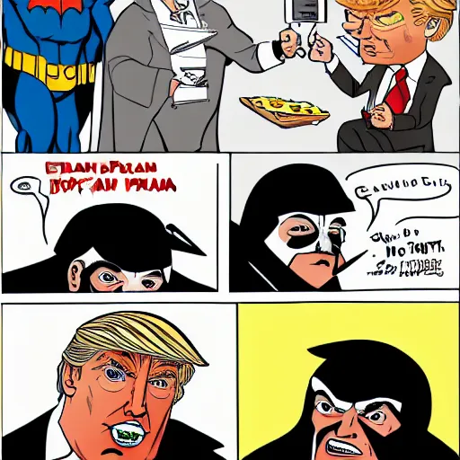 Prompt: Batman eating pizza, with Donald Trump