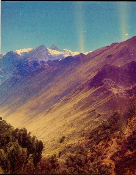 Prompt: vintage color photo of light rays shinning through Cordillera De Los Andes, 8k definition