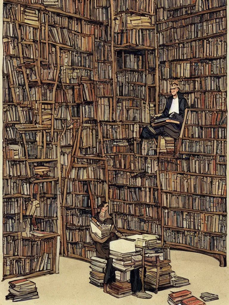 Image similar to simple portrait painting of a bookseller in a bookstore moebius