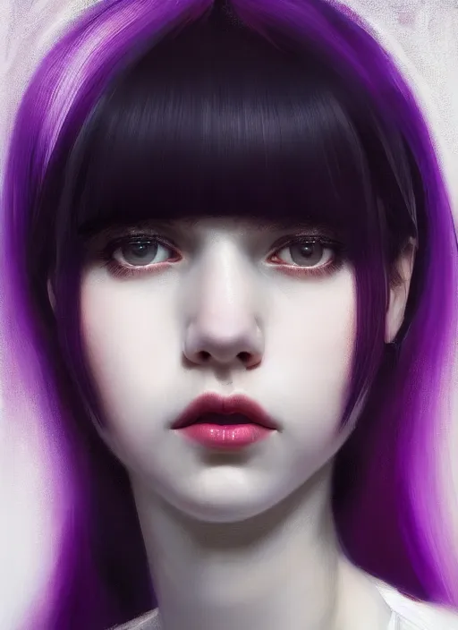 Image similar to portrait of teenage girl, red irises, bangs, black and white hair, white bangs, purple clothes, white bangs, bangs, black hair and white bangs, intricate, elegant, glowing lights, highly detailed, digital painting, artstation, concept art, smooth, sharp focus, illustration, art by wlop, mars ravelo and greg rutkowski