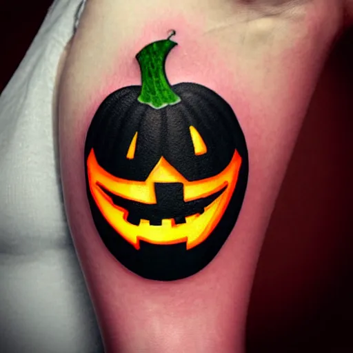 Image similar to cartoon tattoo of a halloween pumpkin with glowing eyes on arm with light shading in the background