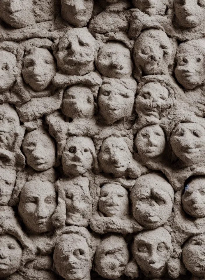 Prompt: a room made of clay, faces emerging from the walls, experimental photography