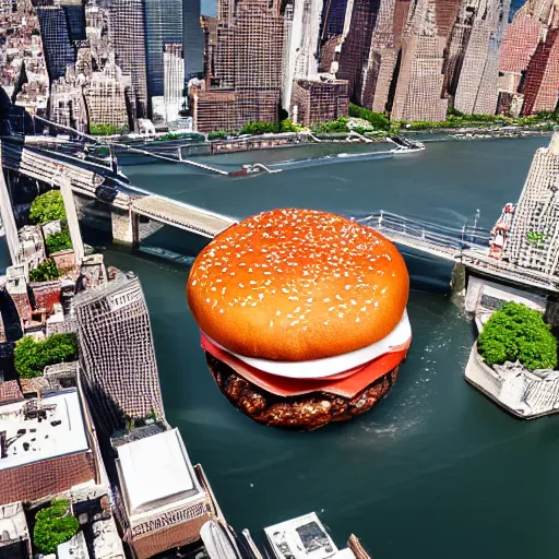 Image similar to giant delicious burger and fries splashes into New York city river, mind-bending digital art, macro photography 25mm, hollywood movie cinematic helicopter view