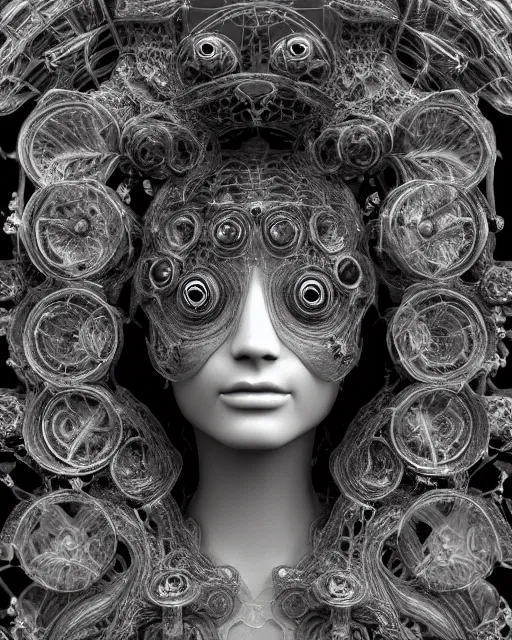 Image similar to mythical dreamy black and white organic bio - mechanical spinal ribbed profile face portrait detail of translucent steampunk beautiful female angelic - human - queen - vegetal - cyborg, highly detailed, intricate crystal ivy jelly ornate, poetic, translucent roses ornate, 3 d render, digital art, octane render, 8 k artistic photography, photo - realistic, by dora maar