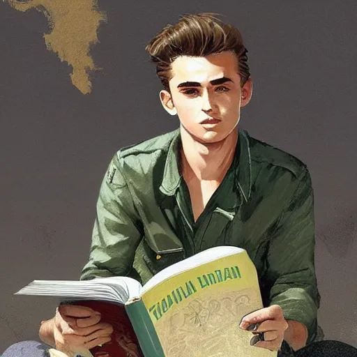 Image similar to a highly detailed epic cinematic concept art CG render digital painting artwork costume design: young James Dean as a well-kept neat anarchist rebel in 1950s USSR green dungarees and big boots, reading a book. By Greg Rutkowski, Ilya Kuvshinov, WLOP, Stanley Artgerm Lau, Ruan Jia and Fenghua Zhong, trending on ArtStation, subtle muted cinematic colors, made in Maya, Blender and Photoshop, octane render, excellent composition, cinematic atmosphere, dynamic dramatic cinematic lighting, aesthetic, very inspirational, arthouse