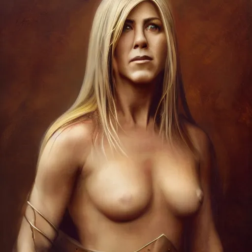 Prompt: the portrait of jennifer aniston as amazon warrior in an elegent dress by roberto ferri, fantasy, witcher, very detailed oil painting, masterpiece, 8 k, full face