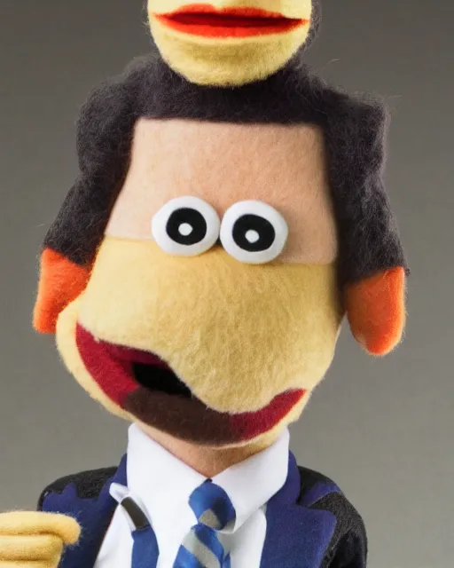 Image similar to bj novak with a suit as a muppet. highly detailed felt. hyper real photo. 4 k.