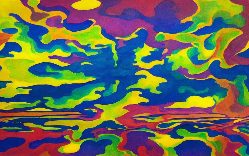 Image similar to the explosion of an atomic power plant and reflection in a lake in the style of georgia o keeffe. colorful, wavy. painting. medium long shot. perspective. color palette of blue, yellow, purple, green.