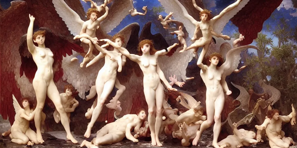 Prompt: 3 d rendered scene of the battle of angels and demons at the entrance to the fractal palace of cosmos painting by bouguereau made in unreal engine hyper realistic, beautiful face, symmetrical face, good and evil, scrollwork, silver leaf, magical, detailed intricate, heraldic design, atmosphere, beautiful, realistic, detailed