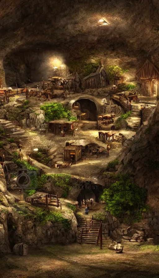 Image similar to a medieval village inside a cave near a cave river, photorealistic, 8k, high detail, high quality, dramatic lighting, HDR