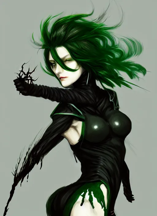 Prompt: Half body portrait of a beautiful dryad assassin blood mage with green hair, black attire. In style of Yoji Shinkawa and Hyung-tae Kim, trending on ArtStation, dark fantasy, great composition, concept art, highly detailed.