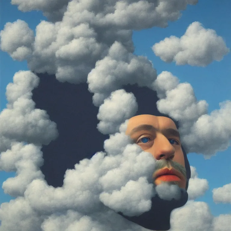 Image similar to portrait of a cloud faced man, by rene magritte, centered, detailed painting, hd, hq, high resolution, high detail, 4 k, 8 k