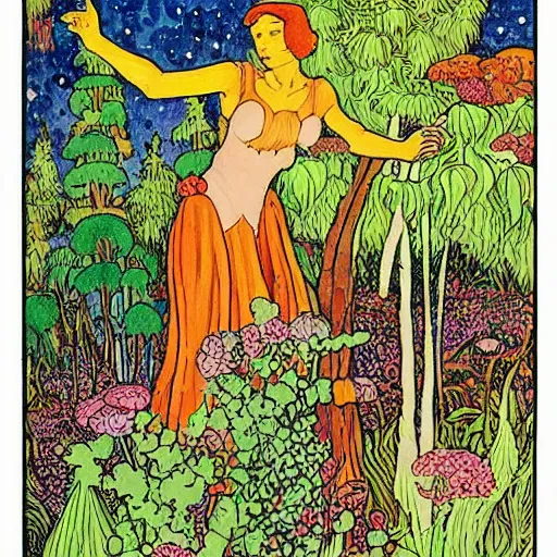 Image similar to a woman who moved to another planet with husband, hot weather, full growth, by Ivan Bilibin, Russian fairytales illustration