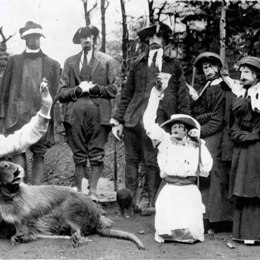 Image similar to a 1900s photo of a cultists worshiping a dog