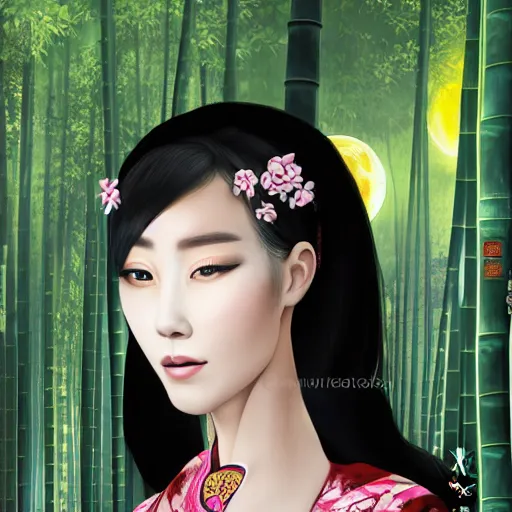 Image similar to photorealistic dramatic fantasy digital painting of a beautiful chinese woman wearing a qipao who is partially transforming into a werepanda, in the moonlit bamboo forest at night. physiological transformation ; hybrid creature that is half panda and half human. highly - detailed professional art.