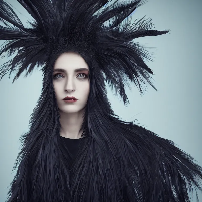 Image similar to hight focus of a wonderful realistic focused sweet wonderful symmetrical mid portrait of a lonely woman with a wonderful hair, dressed with a realistic black raven plumes, dramatic light, octane render - 8 k