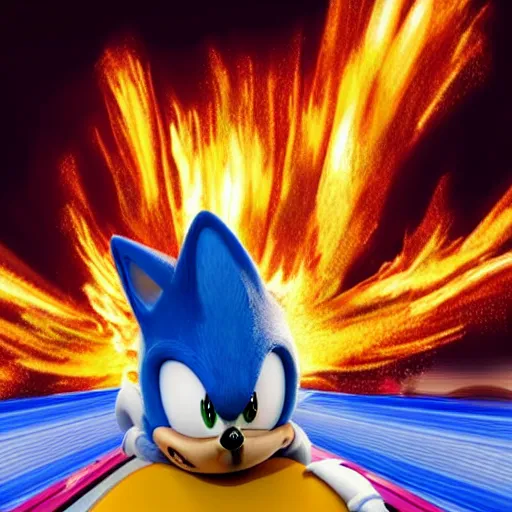 Image similar to hyper realistic sonic riding a roller coaster on fire in disney land