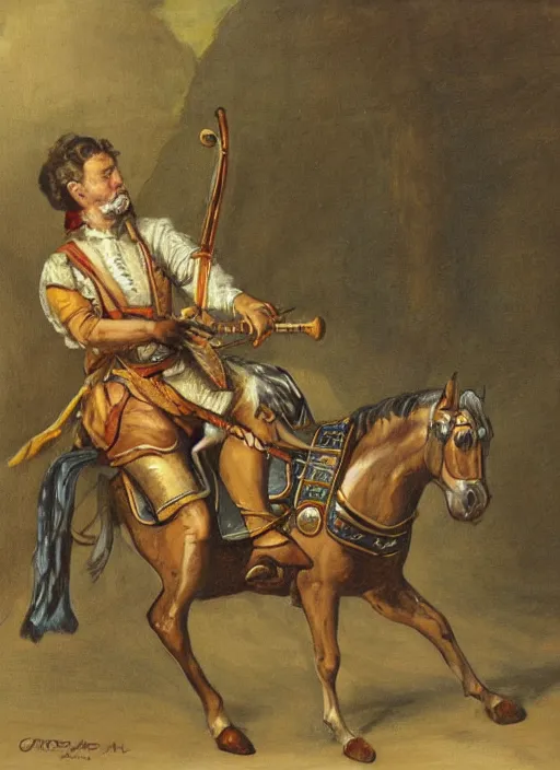 Image similar to illustration of gordan freeman as a bard, playing a lyre and riding a horse by greg rutkowki, bayard wu