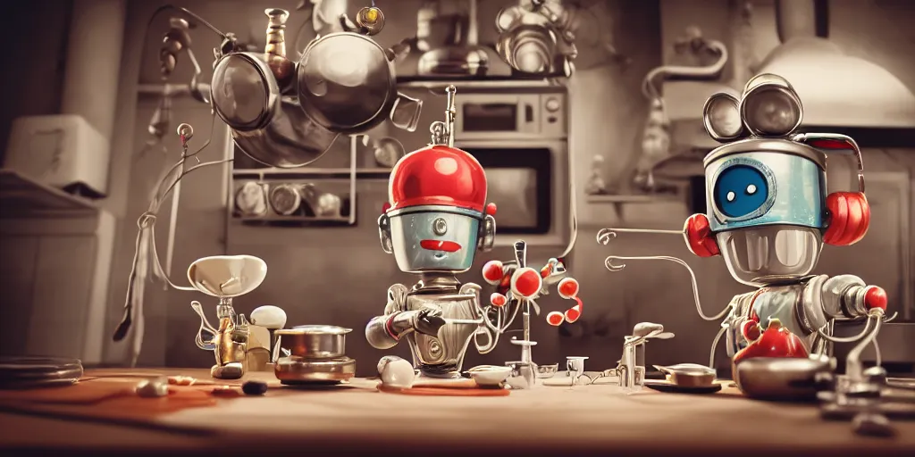 Image similar to closeup portrait of tin toy retro robot mad scientists cooking pastry in a kitchen, depth of field, zeiss lens, detailed, centered, fashion photoshoot, by nicoletta ceccoli, mark ryden, lostfish, breathtaking, 8 k resolution, extremely detailed, beautiful, establishing shot, artistic, hyperrealistic, octane render