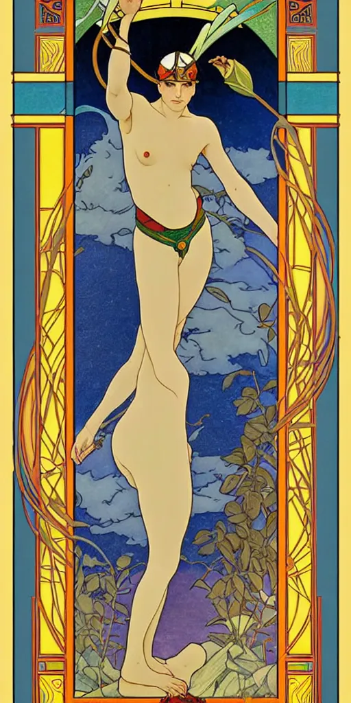 Image similar to the fool, ryder tarot card with an art deco boarder, high quality, digital painting, by studio ghibli and tammara de lempika and alphonse mucha, artgerm