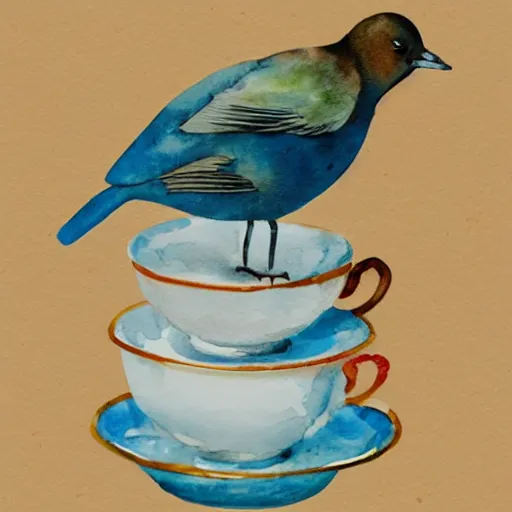 Image similar to a bird sitting on top of a stack of tea cups, a watercolor painting by annabel kidston, shutterstock contest winner, pop surrealism, whimsical, detailed painting, storybook illustration