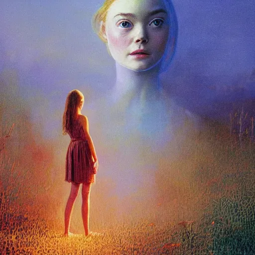 Prompt: Elle Fanning in the painted world of Bruce Pennington, head and shoulders masterpiece, apocalypse, golden hour, cosmic horror, artstation, in the style of Andrew Wyeth and Edward Hopper and Bosch, extremely detailed