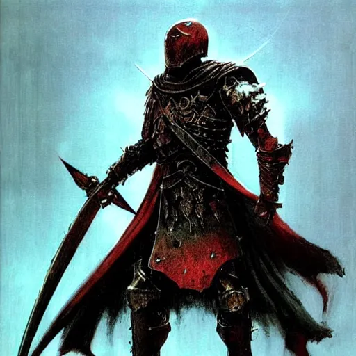 Image similar to crucible knight concept, wearing ancient armor, wielding a spear and a shield, wearing cape, dark soul concept art, elden ring concept art, beksinski