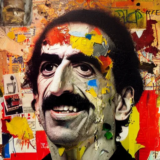 Prompt: hyperrealistic, photorealistic, mixed media oil painting of frank zappa, magazine scraps, plaster, blood, oil, mustard, splatter, greg rutkowski, basquiat, ralph steadman, wesley kimler, terry gilliam, andy warhol, dali