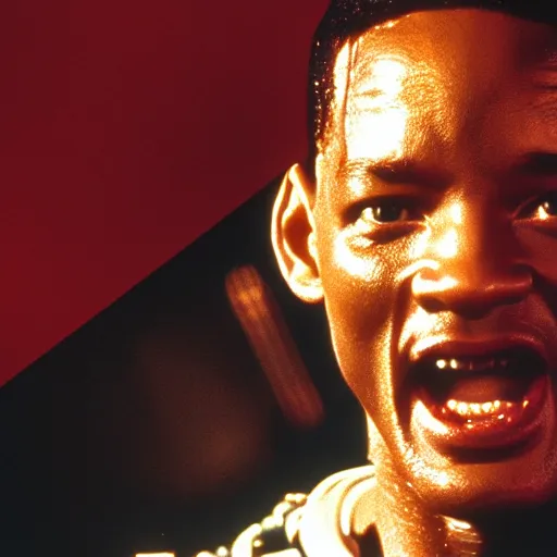 Prompt: film still of will smith as the terminator (1984 film),glowing red eyes, half exposed exoskeleton face, half cyborg, film grain, insanely detailed, 4k, photorealistic, hd