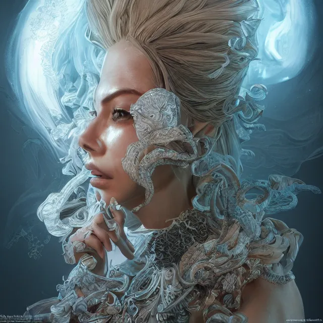 Image similar to the portrait of isabelledeltore as an absurdly beautiful, graceful, elegant, sophisticated, an ultrafine hyperdetailed illustration by kim jung gi, irakli nadar, intricate linework, bright colors, octopath traveler, final fantasy, unreal engine 5 highly rendered, global illumination, radiant light, detailed and intricate environment