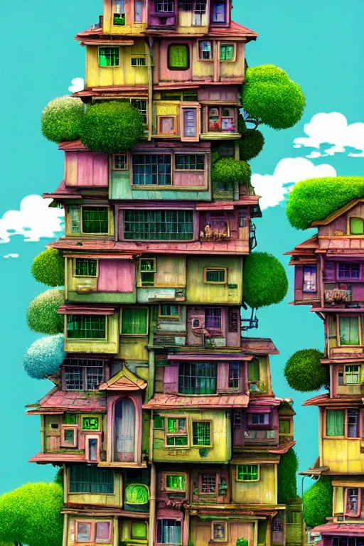 Image similar to stacked houses, solarpunk, studio ghibli, 4 k