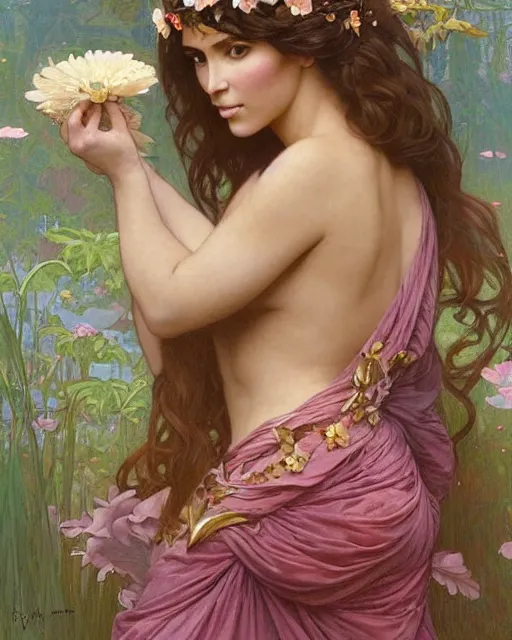 Image similar to an art nouveau portrait painting of a shy, blushing, kim kardashian as a princess lying among flower petals, hair fanned around, intricate, elegant, highly detailed, artstation, concept art, by krenz cushart and donato giancola and william adolph bouguereau and alphonse mucha