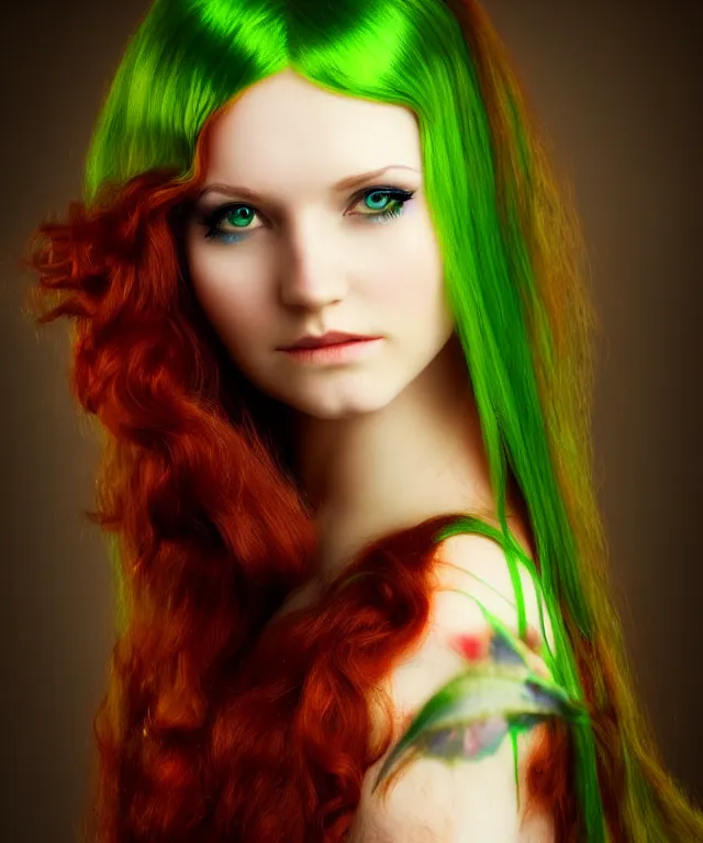 Image similar to Beautiful young woman, Fae, Fantasy, portrait, long red hair, green highlights