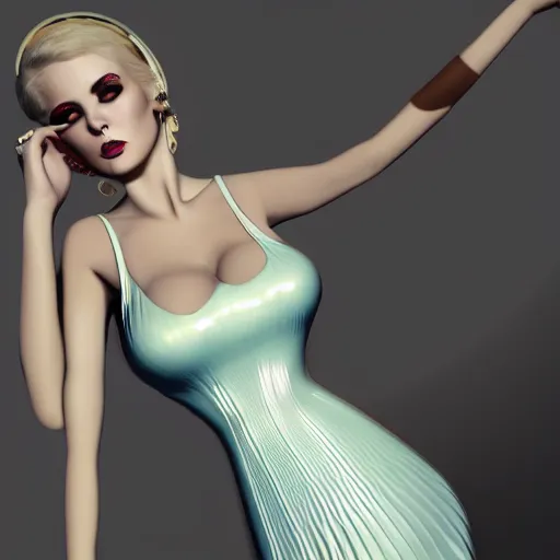 Prompt: a curvy feminine pale goth cutie with a thin waist in an elaborate gold-white-cyan latex-leather pleated tube dress, cgsociety, photorealistic, sublime-comforting-elegant ambience, 16k, smooth, sharp focus, trending on ArtStation, volumetric lighting, fully clothed, worksafe