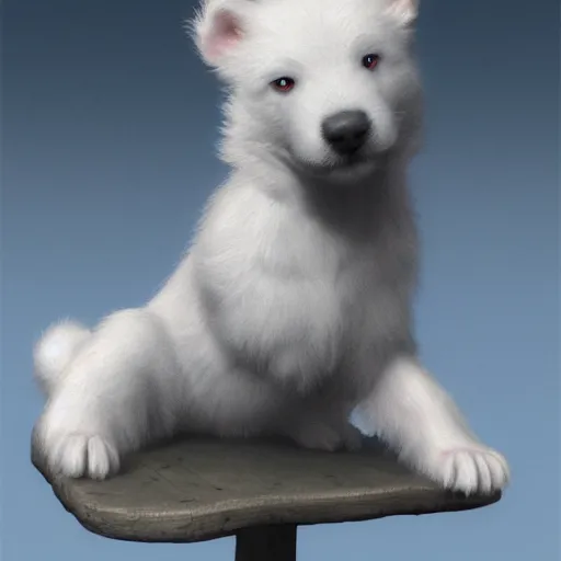 Prompt: A little white puppy sitting on a table, Graceful body structure,cute,Symmetrical face,highly detailed,elegant,Marc Simonetti and Caspar David Friedrich, Trending on artstation