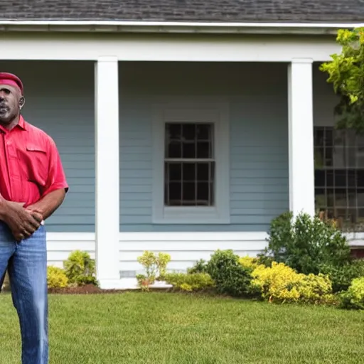 Prompt: a black middle aged man looking at his front yard
