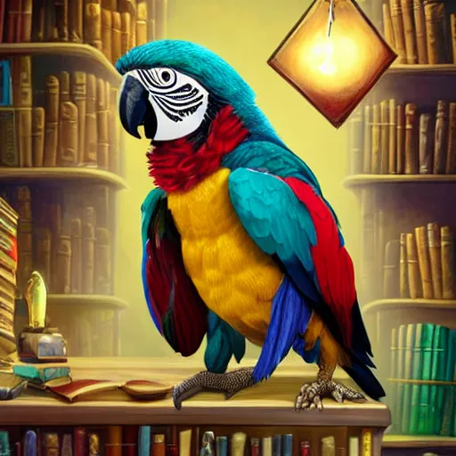 Prompt: Anthropomorphized parrot trader in his shop, shelves full, books, selling a gem, portrait, items, magic potions, carpet, window, fancy funny hat, sly expression , cunning expression, cute expression, presenting magic gem, D&D, fantasy, cinematic lighting, highly detailed, digital painting, artstation, concept art, smooth, sharp focus, illustration, warm light, cozy warm tint, magic the gathering artwork, volumetric lighting, 8k, no gold, no gold colours, art by Akihiko Yoshida, Greg Rutkowski