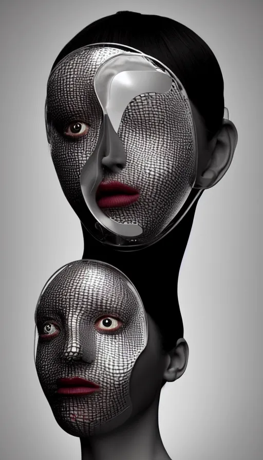 Image similar to a one woman with a futuristic mask on her face, a surrealist sculpture by alexander mcqueen, trending on pinterest, plasticien, biomorphic, made of plastic, a computer rendering by bedwyr williams, featured on zbrush central, holography, multiple exposure, glitch art, glitchy, photorealistic