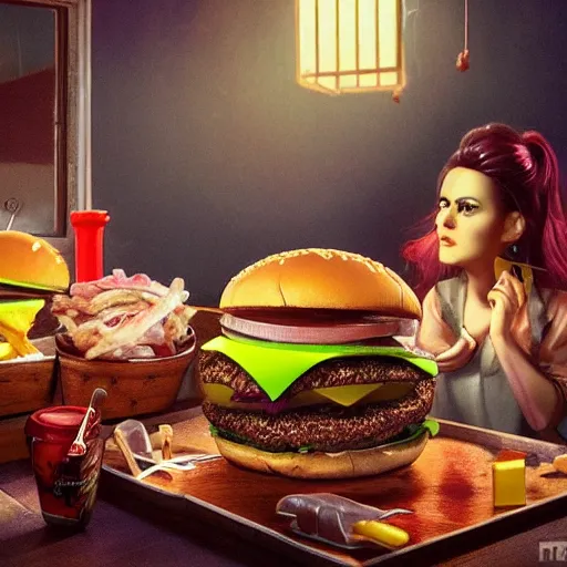 Prompt: Frankenstein eating hamburgers with extra ketchup and mustard, pickles, onions, lettuce, Big Macs, intricate, epic lighting, cinematic composition, hyper realistic, 8k resolution, unreal engine 5, by Artgerm, tooth wu, dan mumford, beeple, wlop, rossdraws, James Jean, Andrei Riabovitchev, Marc Simonetti, yoshitaka Amano, Artstation