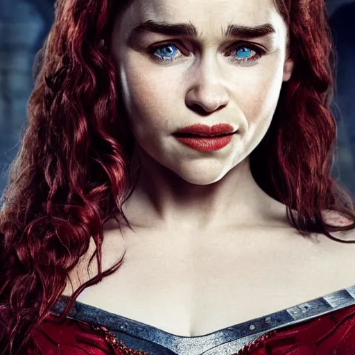 Image similar to emilia clarke, as a medieval fantasy character, with dark red hair, wearing light, silver armor and red clothing, olive complexion, holding a longsword, determined expression, noble, cinematic, dark, realistic, digital art, 8 k