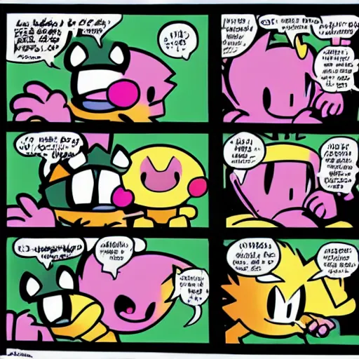 Image similar to a 4-panel comic about Kirby fighting pokemon in the style of calvin and hobbes