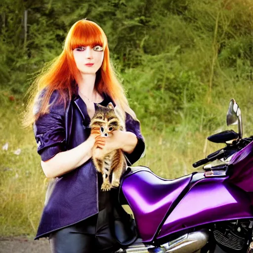 Image similar to a photo by arbus of a slender beautiful woman with straight ginger hair and bangs, wearing purple leathers and gold helmet, posing with large ginger tabby and raccoon on a motorcycle in her front yard, holding coffee mug and toasted brioche bun, fashion photography, dramatic lighting, 8 5 mm lens