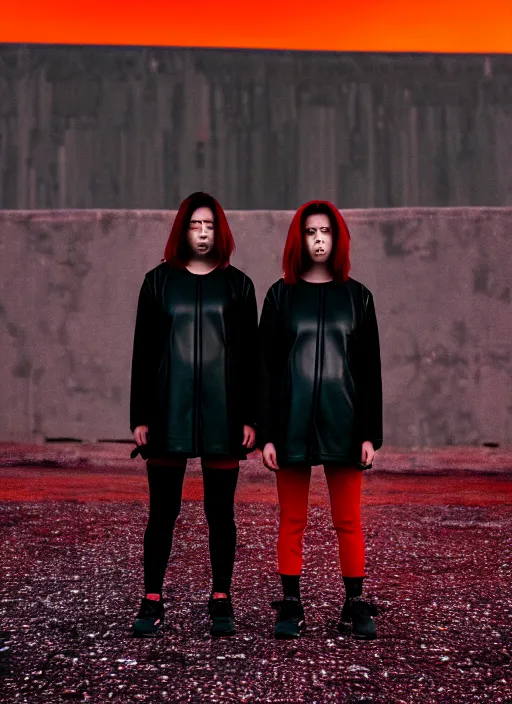 Image similar to cinestill 5 0 d photograph of 2 women wearing black techwear in front of a brutalist sharp - edged metal building, closeup, on a desolate plain with a red sky, dystopia, cyberpunk, 4 k, 8 k, depth of field, high resolution, realistic faces, hd, raw