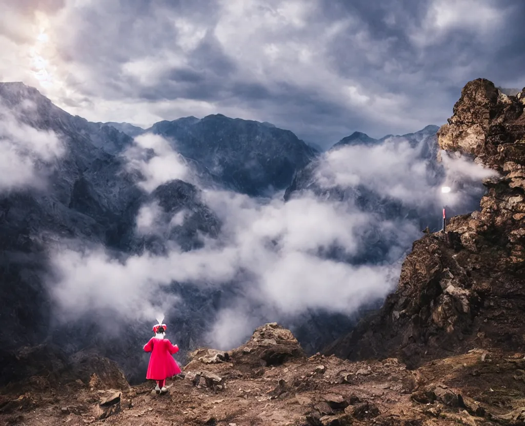 Prompt: a grandma wearing sailor moon costume wandering trough the mountains looking at the clouds very detailed focused photography cinematic lighting by martin parr